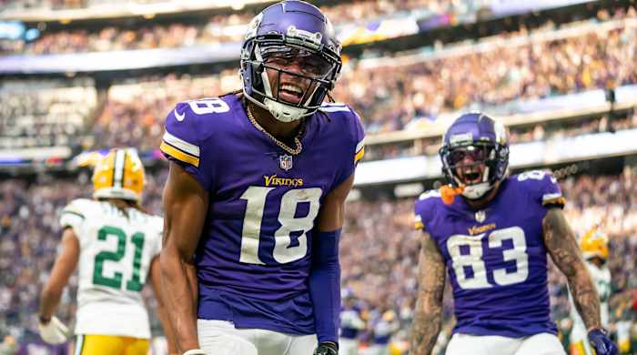 Vikings wide receiver celebrates a touchdown.